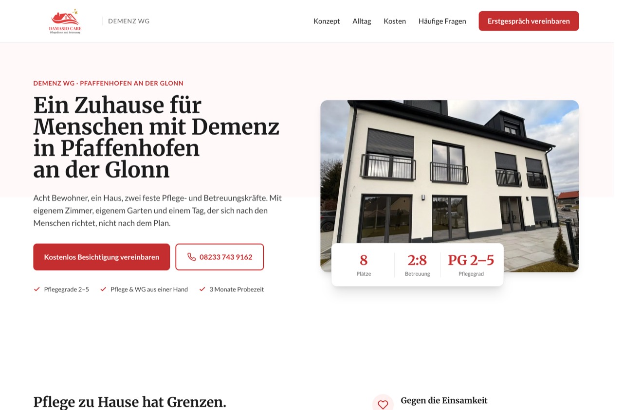 Website der Damasio Demenz-WG, gebaut von NetzPflege